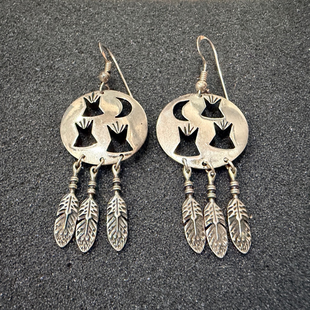 Vintage Silver 925 Native American Tribal Feather Dangle Earrings